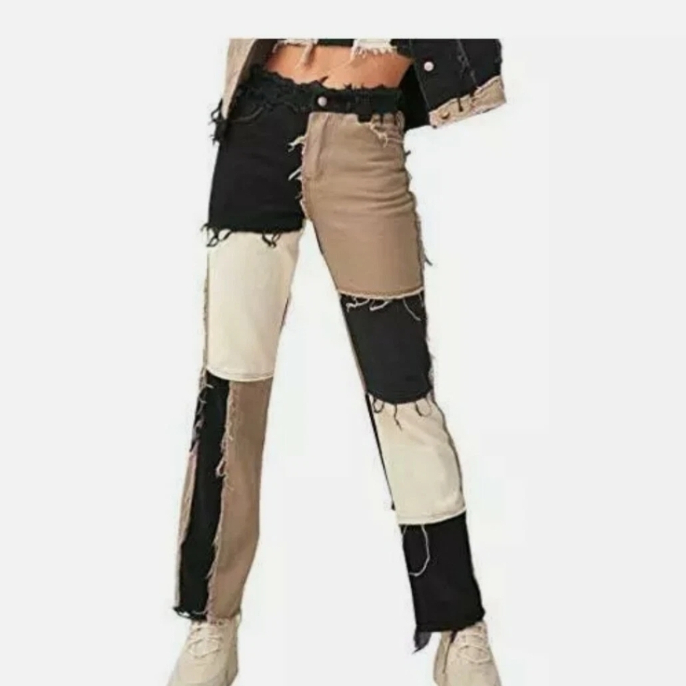 Syydn High Wated Patchwork Jeans Straight Black and Tan Women Size XS